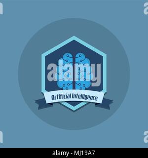 Emblem der künstlichen Intelligenz mit Gehirn Symbol auf blauem Hintergrund, farbenfrohen Design. Vector Illustration Stock Vektor