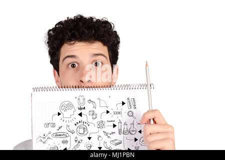 Portrait des jungen Mannes Holding mit Chemie skech. Isoliert weißer Hintergrund. Stockfoto