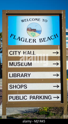 Willkommen bei Flagler Beach sign, Florida USA Stockfoto