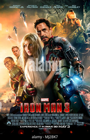 Iron man 3 (2013) von Shane Black mit Robert Downey Jr., Guy Pearce und Gwyneth Paltrow. Die Dinge werden persönlich, wenn Tony stark vom bösartigen Mandarin angegriffen wird. Foto eines Original-Posters aus dem Jahr 2013 (USA) ***NUR FÜR REDAKTIONELLE ZWECKE***. Quelle: BFA / Walt Disney Studios Stockfoto