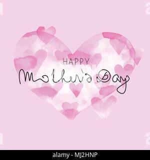 Grosse rosa Herz mit kleinen Herzen umgeben. Aquarell vintage Technik. Glückliche Mütter Tag, Kalligraphie Stock Vektor