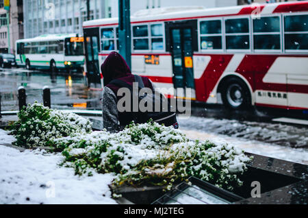 Ein Mann hinunter die Straße im Schnee Wetter. Rote japanische Bus vorbei auf den Boden zurück. Asahikawa ist die zweitgrößte Stadt von Hokkaido. Stockfoto