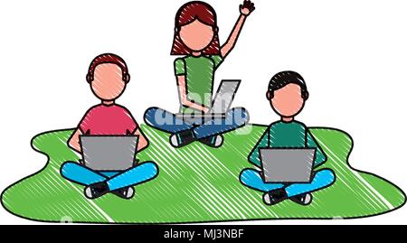 Gruppe der jungen Menschen mit Laptops Vector Illustration Design Stock Vektor