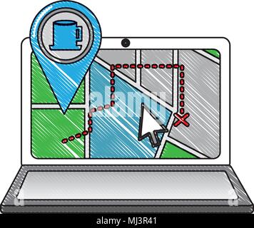 Laptop Karte gps-Navigation pin Tasse Kaffee shop mark Vector Illustration Zeichnung Stock Vektor