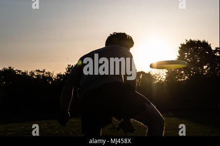 03. Mai 2018, Deutschland, Berlin: Benno Der Berlin-Jammers Fänge ein Frisbee vor dem Reichstag während des Sonnenuntergangs. Foto: Paul Zinken/dpa Stockfoto