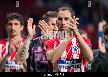 Madrid, Spanien. 3. Mai 2018. Godin spielt in der Europa League Halbfinale Spiel zwischen Atlético de Madrid und Arsenal an Wanda Metropolitano Stadion am 3. Mai in Madrid, Spanien 2018. Credit: Christian Bertrand/Alamy leben Nachrichten Stockfoto