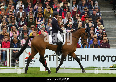 Badminton, Gloucestershire, Vereinigtes Königreich. 4. Mai 2018. William Coleman in Usa reiten OBOS O'Reilly auf Platz sieben nach der Dressur an Tag zwei des Badminton Horse Trials 2018 liegen. Credit: Stephen Davis/Alamy leben Nachrichten Stockfoto