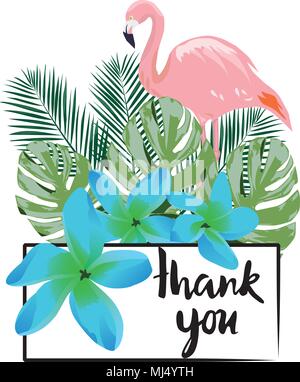 Vector Abbildung: Danke Karte mit Flamingo, tropische Blumen, Blätter Stock Vektor