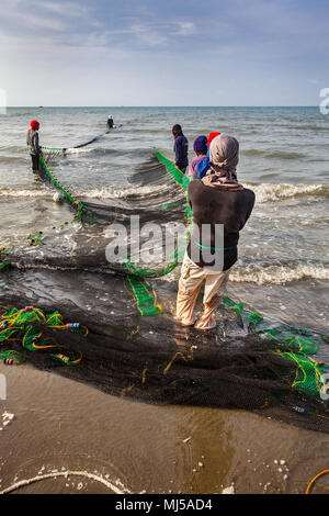 Männer aus dem lokalen Fischerdorf verlegen und in der Nähe von mile Haul - lange seine Net am Baybay Strand, Roxas City, Capiz, Panay, Philippinen. Stockfoto