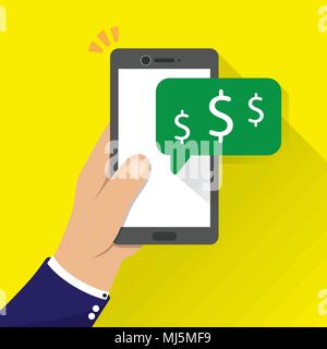 Hand, Telefon mit Geld Anmeldung Vector Illustration. das Senden und Empfangen von Geld mit Handys. Stock Vektor