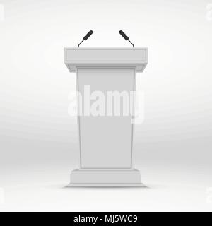 Lautsprecher Podium. Weiß Tribüne Tribüne mit Mikrofonen stehen. Stock Vektor
