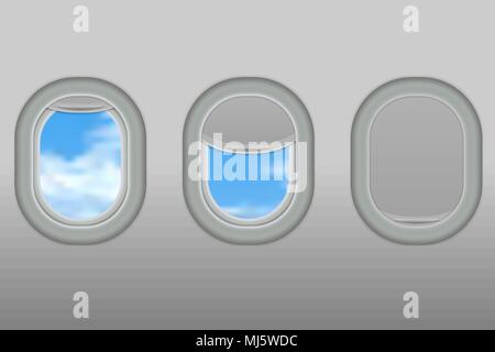 Drei realistische Bullaugen von Flugzeug aus weißem Kunststoff mit offenen und geschlossenen Jalousien Vector Illustration Stock Vektor