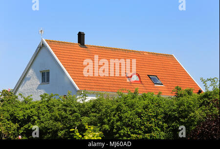 Weiße schwedische Einfamilienhaus mit rotem Dach hinter einer Hecke. Stockfoto