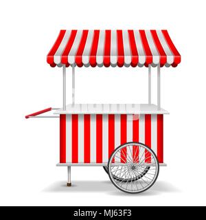 Realistische Street Food Warenkorb mit Rädern. Mobile red Markt Vorlage abgewürgt. Bauer shop Markt Warenkorb, Kiosk Store mockup. Vector Illustration Stock Vektor