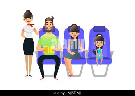 Happy cartoon Familie reisen. Reisende Passagiere an Bord des Flugzeugs. Mann Frau ang Mädchen sitzen in einem Sessel. Vater mit Buch, gaughter mit Gadget. Stock Vektor