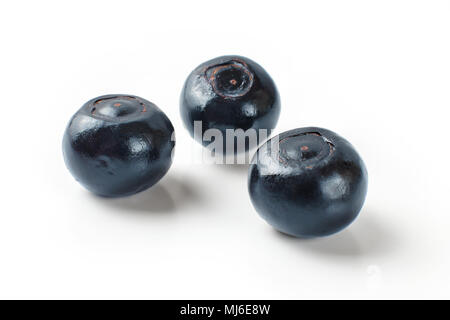 Drei glänzend Dunkelblau Blaubeeren auf weißem Hintergrund. Stockfoto