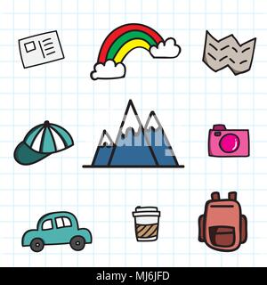 Hand zeichnen travel Icon Set Doodle mit Farbe. Cartoon reisen Symbol. Stock Vektor