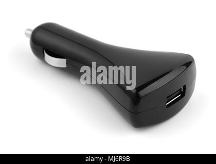 Schwarz USB-Autoladegerät isoliert auf weißem Stockfoto