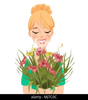 Muttertag Grußkarte. Schöne Frau mit einem Blumenstrauß. Cute cartoon Charakter. Vector Illustration auf weißem Hintergrund. Stock Vektor