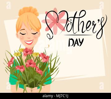Muttertag Grußkarte. Schöne Frau mit einem Blumenstrauß. Cute cartoon Charakter und handschriftliche Schriftzug. Vector Illustration auf whi Stock Vektor