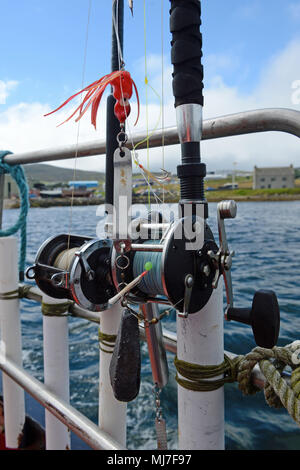 Junge fischen mit seinem Opa in einem Meer boot Makrelenfangs der Küste der Shetlandinseln Stockfoto