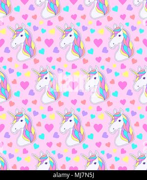 Nahtlose Muster mit bunten Einhorn und Herzen auf weißem Hintergrund. Stock Vektor