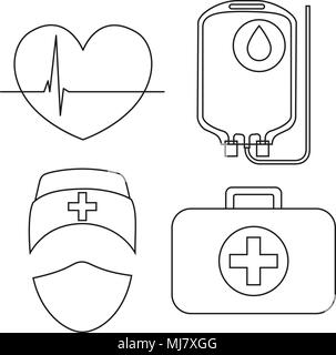 Line Art schwarze und weiße Blut spende Icon Set. Gesundes Herz Elektrokardiogramm, Blutbeutel, medizinische Person Avatar und Erste Hilfe Set. Healthcare Vektor illu Stock Vektor