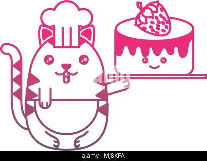 Kawaii chef Katze mit süßer Kuchen cartoon Vektor-illustration gradient Farbe Stock Vektor