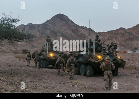 JORDAN (19. April 2018) US-Marines auf der Light Armored Reconnaissance Platoon, Bataillon Landung Team, 2.BATAILLON, 6 Marine Regiment, 26 Marine Expeditionary Unit, transport Marines zugewiesen zu Fox Company, BLT 2/6, 26 MEU, zu einer Ausbildung Bereich während eifrig Lion 2018, Jordan. Eifrig Lion ist ein schlußstein Ausbildung Engagement, die US-Streitkräfte und der Jordan Streitkräfte eine Gelegenheit, die in einer Koalition Umwelt zu proben und neue Wege, um gemeinsam Gefahren für die regionale Sicherheit und die Sicherheit im Seeverkehr verbessern. (U.S. Marine Corps Foto Stockfoto