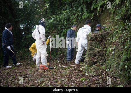 Lokale Okinawans versuchen, einen Zement Block vom Eingang Ihrer Familie Grab April 22, 2018 zu entfernen, bei Kadena Air Base, Japan. Familien kommen auf Kadena AB einmal im Jahr auf ihre Vorfahren zu zahlen, durch das Angebot von traditionellen Lebensmitteln, Getränken und Räucherstäbchen in einem der zahlreichen Gräber in der Umgebung der Basis. (U.S. Air Force Foto von älteren Flieger Quay Drawdy) Stockfoto