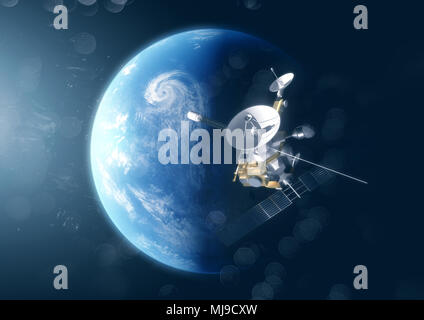 Sat Sonde im Raum über der Erde. 3D-Darstellung. Stockfoto