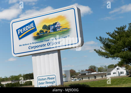 Ein logo Zeichen außerhalb des Hauptsitzes der Perdue Farmen in Salisbury, Maryland, am 29. April 2018. Stockfoto