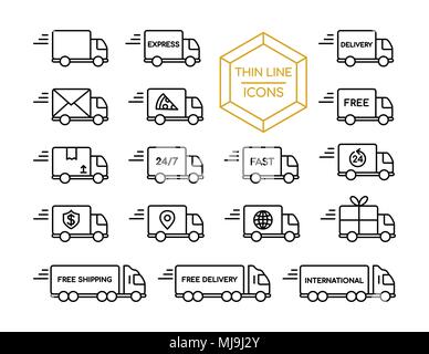 Lieferung Lkw thin line Icon Set, schneller Versand Service Symbol Sammlung in der modernen outline Style für On-line-Geschäft. EPS 10 Vektor. Stock Vektor