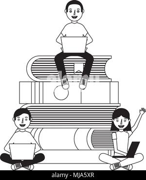 Teens Gruppe mit Laptops auf Abgelegte Bücher Vector Illustration Stock Vektor