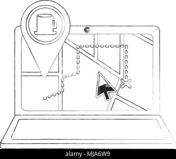 Laptop Karte gps-Navigation pin Tasse Kaffee shop mark Vektor-illustration Skizze Stock Vektor