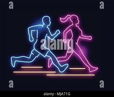 Ein Mann und eine Frau laufen - Neonlicht unterzeichnen. Vector Illustration Stock Vektor