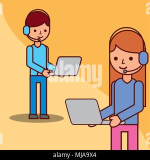 Logistik Betreiber cartoon Mann und Frau Laptop Headset Stock Vektor