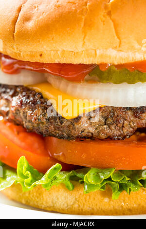 Memorial Day Hinterhof Babecue Mahlzeit mit Hamburger, Hot Dogs, Salate und Pommes Stockfoto