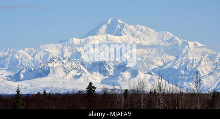 Bei 20,310 feet, Denali, der höchste Gipfel in Nordamerika. Flieger von B-Company, 1 Battalion, 52nd Aviation Regiment einen Assist, um die National Park Service April 22, 2018, durch das fliegen tausende von Pfund an Ausrüstung und Versorgung von Talkeetna an den NPS base camp an der 7.000-Fuß-Niveau der Kahiltna-gletscher in der Vorbereitung für die Saison 2018 Denali klettern. (Armee Foto/John pennell) Stockfoto