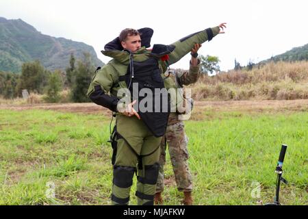 Staff Sgt. Edward (Eddie) Monczynski, durch Spc unterstützt. Matthäus Ruben, 718Th Ordnance Company (EOD), stellt eine mögliche Gefährdung durch Überstreifen ein Schutzanzug während der 2018 U.S. Army Pacific Command die Beseitigung von Explosivstoffen Team des Jahres Wettbewerb zu prüfen, auf Schofield Kasernen, Hawaii, den 19. April. (U.S Armee Foto von Sgt. 1. Klasse John D. Braun) Stockfoto