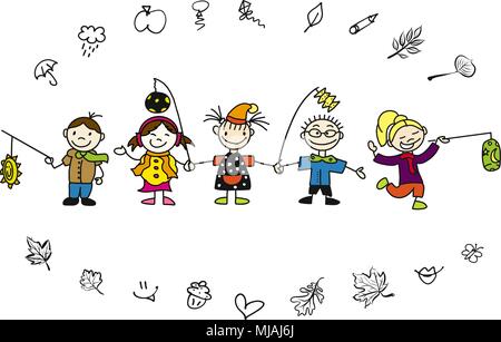 Kindergarten Kinder Laternenumzug mit kleinen Souvenirs, Freihandskizze Vektor Illustration Stock Vektor