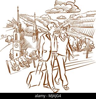 Ferienhäuser Paar im Weinberg Landschaft, Handgezeichnete Vektorgrafiken Stock Vektor