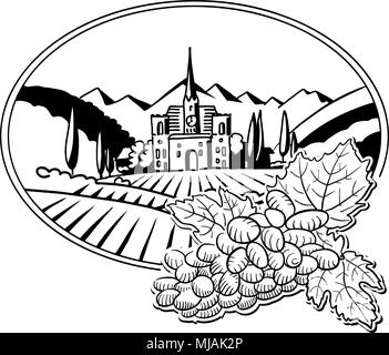 Trauben mit skizziert Weinberg Farm Label, Handgezeichnete Vektorgrafiken Stock Vektor