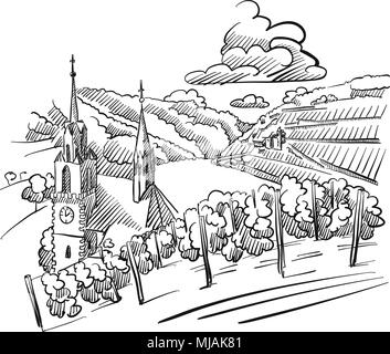 Deutsche Weinberg Skizze mit Kirche, Fluss und Hügel, Hand Vektorgrafiken erstellt Stock Vektor