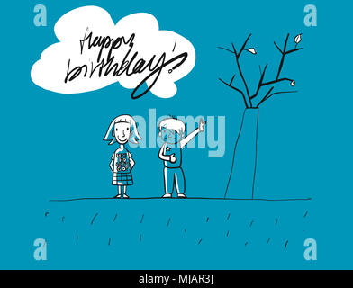 Happy birthday Grunge Kinder Grußkarte, Handgezeichneten Vektor Skizzen, blau gefärbten Artwork Stockfoto