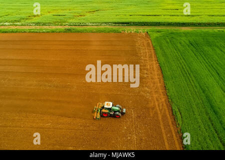 Luftaufnahme der Landwirt mit einem Traktor auf den landwirtschaftlichen Bereich Aussaat. Traktoren Arbeiten im landwirtschaftlichen Bereich im Frühjahr. Baumwollsamen Stockfoto