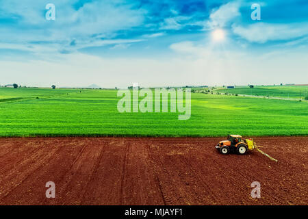 Luftaufnahme der Landwirt mit einem Traktor auf den landwirtschaftlichen Bereich Aussaat. Traktoren Arbeiten im landwirtschaftlichen Bereich im Frühjahr. Baumwollsamen Stockfoto