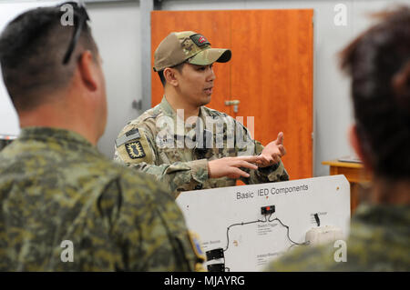 Us-Armee Sgt. 1. Klasse Randon Sander, eine Beseitigung von Explosivstoffen Beobachter Trainer/Trainer mit der Raptor Team, um das Joint Multinational Readiness Center zugeordnet, beauftragt Kosovarischen Armee Soldaten auf die Beseitigung von Explosivstoffen Unternehmen, Kosovo Katastrophenschutz Regiment zugeordnet, auf Improvised Explosive Devices im Bereich Schulungen, Hohenfels Hohenfels, Deutschland, während der kombinierten Lösung x April 27, 2018. Kombinierte Lösung X umfasst ca. 3.700 Teilnehmer aus 13 Nationen an der 7th Army Training Befehl Grafenwöhr und Hohenfels Training Area, 9. April, 12. Mai 2018. Mähdrescher Stockfoto