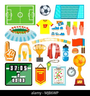 Fußball Icons Set Vektor. Fußball-Zubehör. Ball, Uniform, Schale, Stiefel, Anzeigetafel, Feld. Isolierte flache Cartoon Illustration Stock Vektor