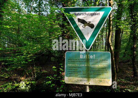 Typisch deutsche Laubwald im Frühjahr, Zeichen für ein Naturschutzgebiet, Mülheim an der Ruhr, Deutschland Stockfoto